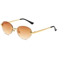 Rimless gradient brown sunglasses with gold metal panther head hardware on white background - Gold Frame Gradient Tea