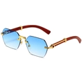 Rimless geometric sunglasses with blue gradient lenses and wood grain temples - Gold Frame Gradient Blue