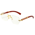 Frameless octagon sunglasses with gold metal bridge and brown wood grain temples - Gold Frame Transparent White
