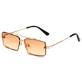 Modern rectangular sunglasses with golden metal frames and orange lenses at 45-degree angle - Gold Frame Double Tea