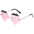 Novelty pink strawberry shaped rimless sunglasses with green leaf accents and gold metal temples - Gold Frame Pink Lenses