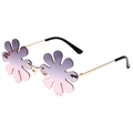 Floral rimless sunglasses with purple gradient lenses and gold temples on white background - Grey Pink