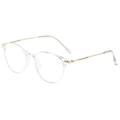 Detail of round transparent eyeglass frames with thin gold metal temples and clear ear tips - Transparent Gold Frame