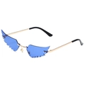Fashionable bright blue wing-shaped novelty sunglasses with golden metal temples - Gold Frame Dark Blue Lens