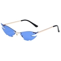 Fashionable rimless cat eye sunglasses featuring bold blue flame lenses and gold temples - Gold Frame Dark Blue Lens