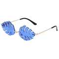 Leaf-shaped rimless sunglasses with electric blue monstera lenses and gold metal temples - Gold Frame Dark Blue Lens