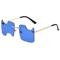 Rimless blue lens sunglasses with geometric cutouts and gold metal frames on white background - Gold Frame Dark Blue Lens