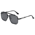 Classic black pilot sunglasses with double-bridge metal frame and hollow temple detail - Black Frame Grey Lens