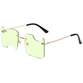 Frameless green sunglasses with unique cutout lenses and gold metal temples on white background - Gold Frame Green