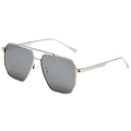 Modern double bridge aviator sunglasses with silver metal frame and dark gray lenses - Silver Frame White Mirror Lens