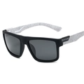 Classic square matte black polarized sunglasses for men with textured temples side view - Black Frame White Temple Grey Lens