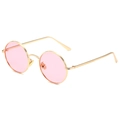 Retro round punk sunglasses with pink translucent lenses and textured gold metal frame - Gold Frame Pink Lenses