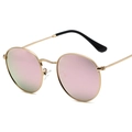 Classic round sunglasses with pink polarized lenses and a textured golden metal frame - Gold Frame Pink Mirror