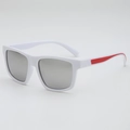 White square frame sports sunglasses with silver grey lenses and red temple accents - White Frame Silver Mirror Lenses
