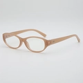 Monture de lunettes ovale beige translucide avec logo argenté, vue à 45 degrés - Thé Gelée Verre Plat (CY5636)