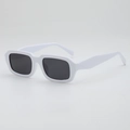 Minimalist wide white rectangle sunglasses with dark grey lenses in 3/4 view - Solid White (C2)