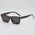 Retro rectangular tortoise shell sunglasses with dark lenses and silver metal accents - Tortoise Frame Grey Lens