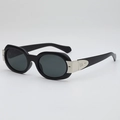 Fashionable black oval frame sunglasses with gray lenses and silver metal logo detail - Sand Black Frame Grey Lens