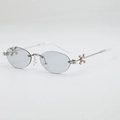 Silver oval rimless sunglasses with gray lenses and rhinestone cross accents - Silver Frame Light Grey Lens