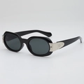 Elegant oval black sunglasses with silver LD metal hinges and dark grey lenses - Bright Black Frame Grey Lens