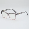 Square gradient gray-pink glasses frames with gold accents shown from a 3/4 side angle - Gray Pink Gradient Frame Clear Lens / Gradient Grey Pink