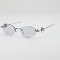 Luxury oval rimless sunglasses with silver metal frame and rhinestone diamond accents - Light Grey
