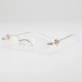 Oval rimless sunglasses with gold metal temples and diamond-studded floral accents - Gold Frame White Lens