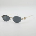 Frameless oval sunglasses with grey lenses and gold metal temples featuring crystal accents - Grey Lens