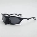 Matte black oversized polarized sports sunglasses with futuristic Y2K wraparound frame - Black Frame Black Grey Lens