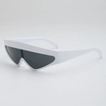 Futuristic white wrap-around sunglasses with dark grey lenses in a 45-degree angle view - White Frame Gray Lens