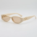 Retro oval beige sunglasses with light brown lenses and golden circular temple detail - Cream Frame Tea Lens
