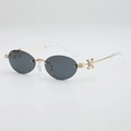 Oval rimless sunglasses with pink stone detail on gold temples and dark grey lenses - Gold Frame Grey Lens