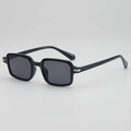 Retro black square sunglasses with dark grey lenses and silver metal temple accents - Black Frame Grey Lens