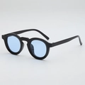 Retro round sunglasses with polished black frames and translucent light blue lenses - Black Frame Blue Lens