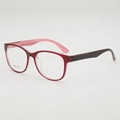 Stylish round-frame TR90 glasses in burgundy and black shown from a 45-degree angle - Wine Red Frame Plano