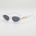 Stylish white cat-eye sunglasses with gold metal chain temple accents and dark lenses - White Frame Gray Lens