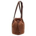 Brown faux suede bucket bag with drawstring closure and adjustable crossbody shoulder strap - Brown