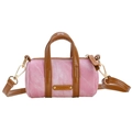 Mini borsa a cilindro in denim rosa con finiture in vernice marrone e tracolla - Rosa