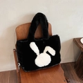 Borsa tote in peluche nera con simpatica toppa a coniglio bianco e trama morbida - Nero