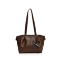 Borsa tote in PU marrone scuro plissettata con ciondolo a gatto e tracolla lunga - Con Ciondolo / Marrone