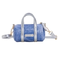 Mini borsa Boston in denim lavato con manici in pelle argento e targhetta logo in metallo - Argento