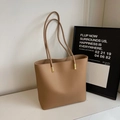 Minimalist light brown faux leather tote bag with gold hardware and shoulder strap - Khaki