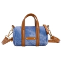 Mini borsa a cilindro in denim blu con manici in pelle marrone e dettagli dorati - Blu