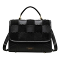 Borsa a mano retrò in pelle nera con patta intrecciata e tracolla regolabile per donna - Nero