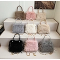 Borsa a tracolla in peluche invernale con catena di perle e cinturino in nove colori - Peluche Corto Grigio