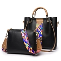 Close-up of PU leather tote and crossbody bag set with colorful ethnic pattern straps - Shoulder Bag Set / Black