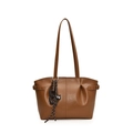 Minimalist caramel brown pleated tote bag with cat pendant and adjustable side straps - With Pendant / Khaki