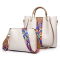 Set di 2 borse in pelle PU crema con tracolla in tessuto geometrico colorato e vivace - Set di borse a spalla / Bianco