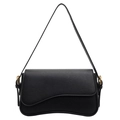 Minimalist black pebble leather shoulder bag with wave edge design and gold hardware - Black