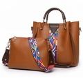Brown PU leather tote and crossbody bag set with colorful geometric woven strap - Shoulder Bag Set / Coffee
